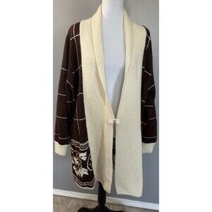 Vintage Nina Martini Wool Blend Brown Beige Long Cardigan Sweater Size Large/XL